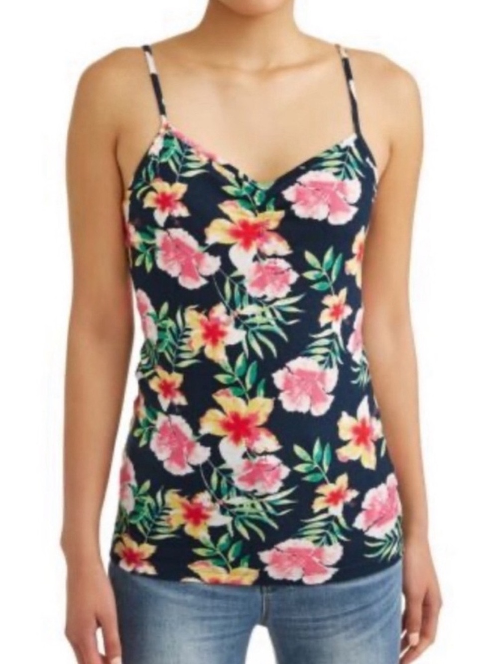 No Boundaries Ribbed Floral Tank Navy